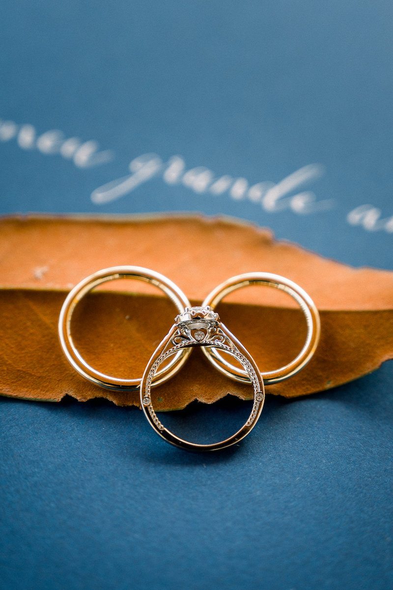alianças e anel de noivado para casamento no campo